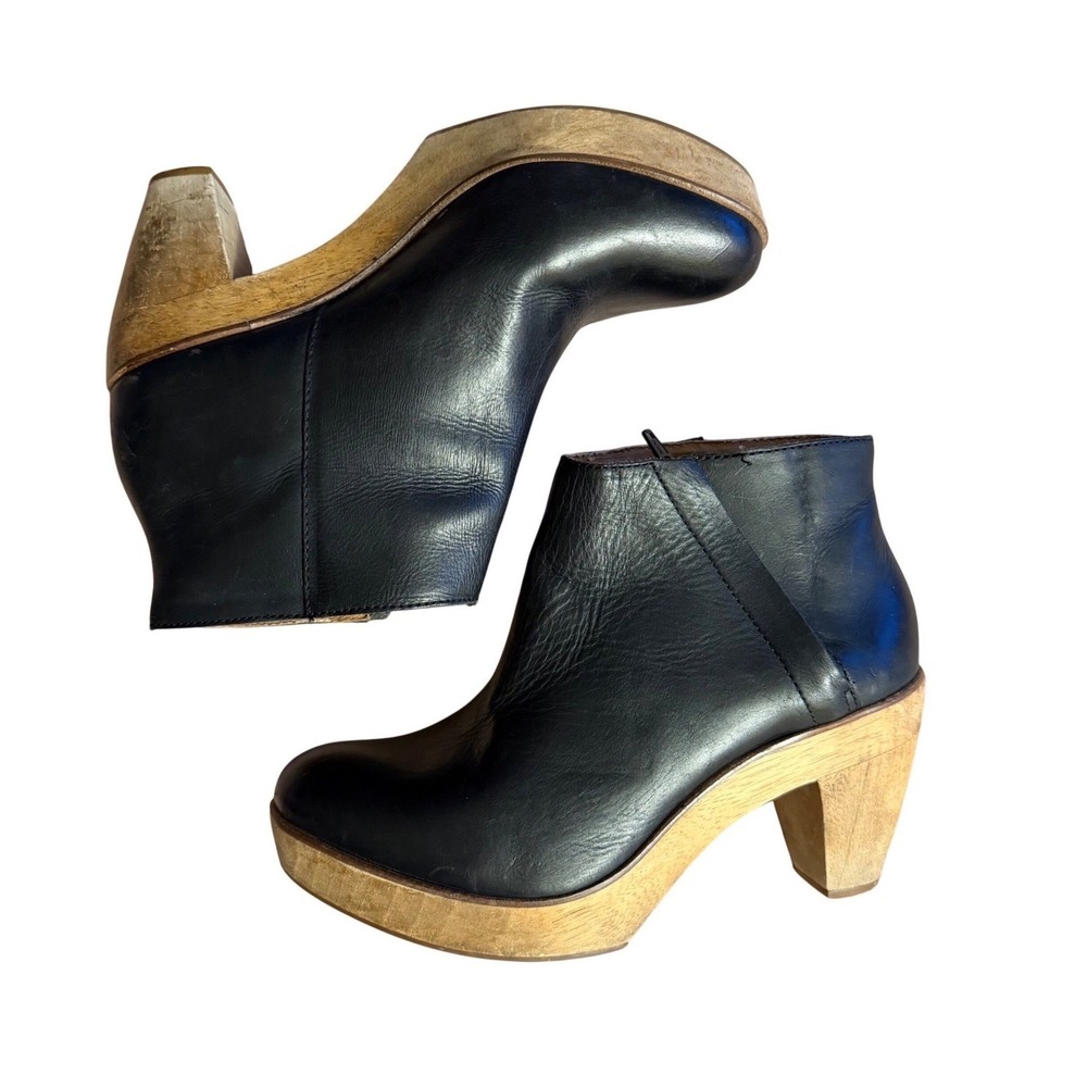 Kelsi Dagger Brooklyn Ankle Booties Black Leather Wood Block Heel Neo Minimalism